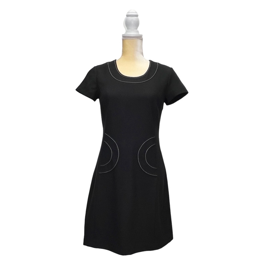 Boden Black Wool Sheath Dress Size 4 Short Sleeve Knee Length Gray Stitching EUC